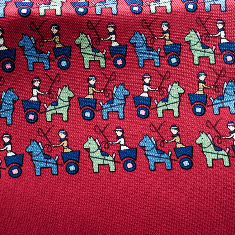 مملوكة مسبقًا Hermes Red Horse Carriage Printed Silk Pocket Square
