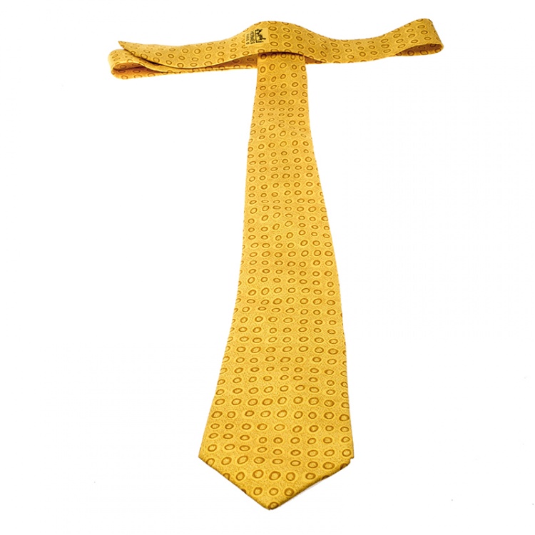Pre Owned Hermes Vintage Mustard Yellow Circle Print Silk Tie