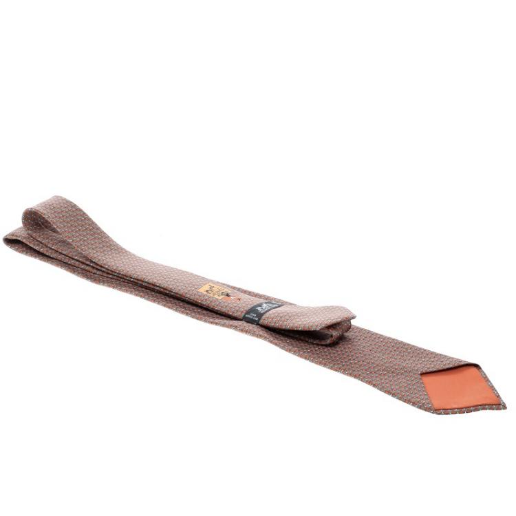 Pre Owned Hermes Orange Dumbbell Printed Silk Tie