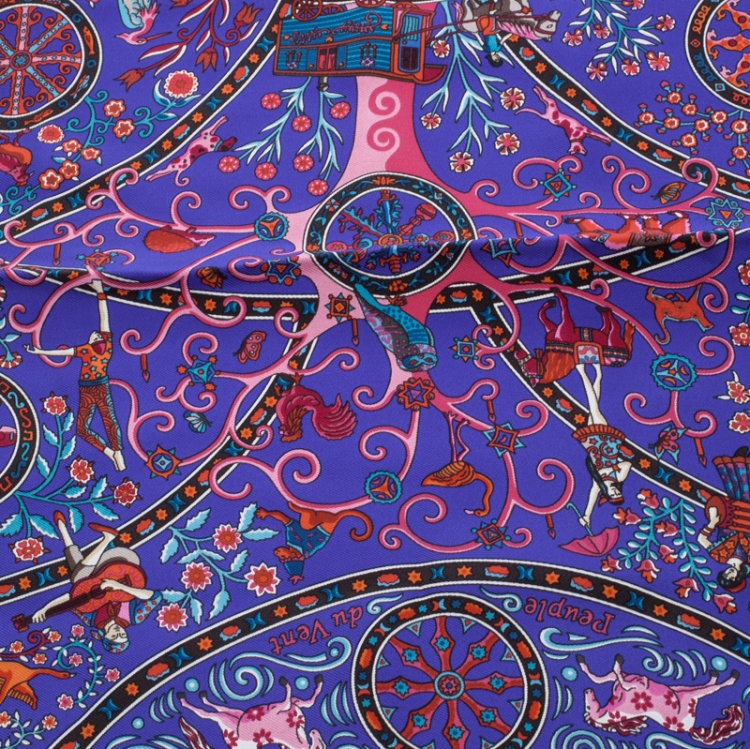 Pre Owned Hermes Blue Peuple Du Vent Printed Silk Pocket Square