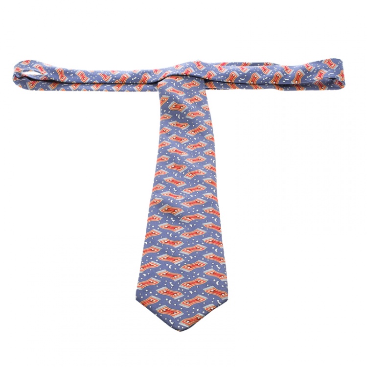 Pre Owned Hermes Blue Magic Carpet Print Silk Tie