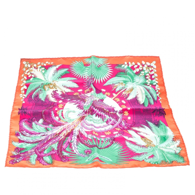 Pre Owned Hermes Multicolor Mythiques Phoenix Printed Silk Pocket Square