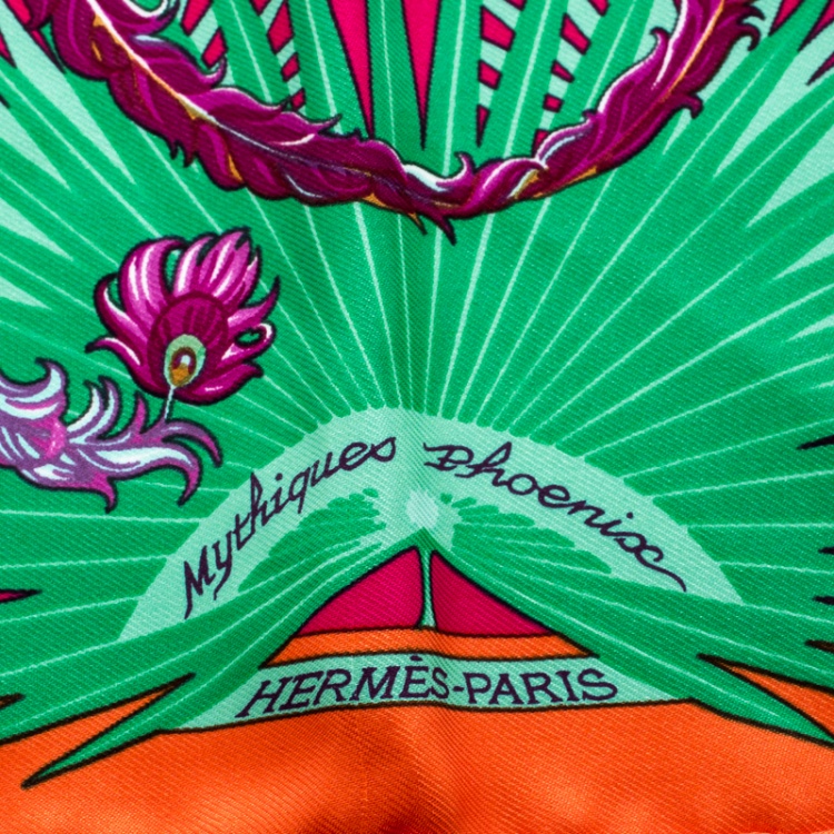 Pre Owned Hermes Multicolor Mythiques Phoenix Printed Silk Pocket Square