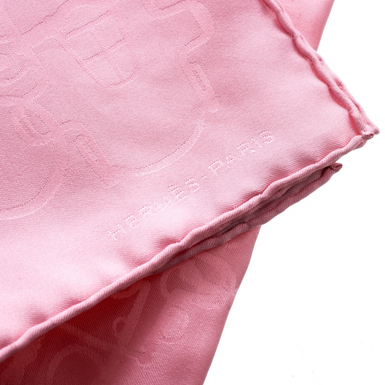 Pre Owned Hermes Pink Horsebit Pattern Silk Jacquard Pocket Square