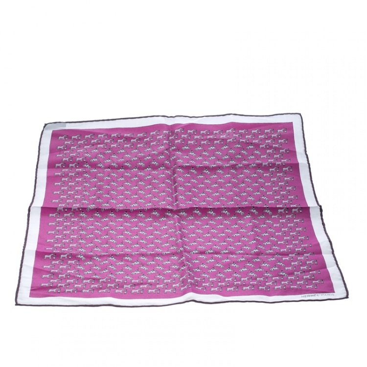 Pre Owned Hermes Purple and Grey Equestrian Rider Print Silk Pocket Square