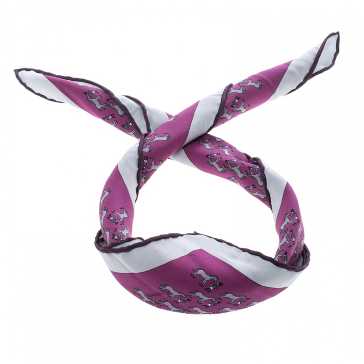 Pre Owned Hermes Purple and Grey Equestrian Rider Print Silk Pocket Square