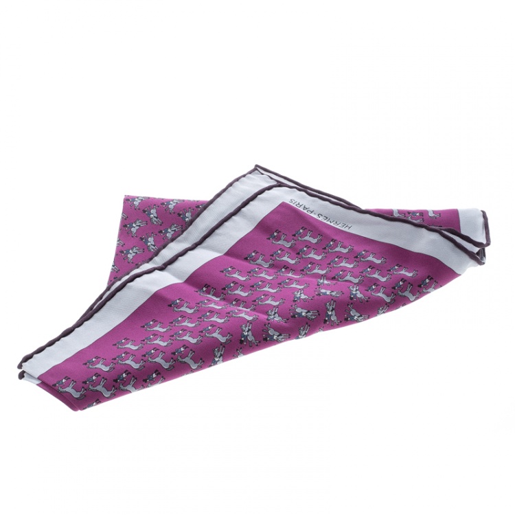 Pre Owned Hermes Purple and Grey Equestrian Rider Print Silk Pocket Square