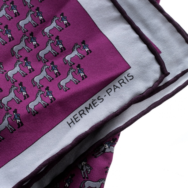 Pre Owned Hermes Purple and Grey Equestrian Rider Print Silk Pocket Square