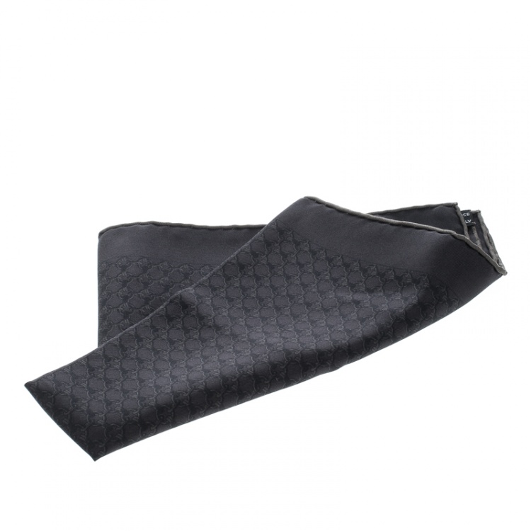 Pre Owned Hermes Charcoal Grey Horsebit Printed Silk Pocket Square