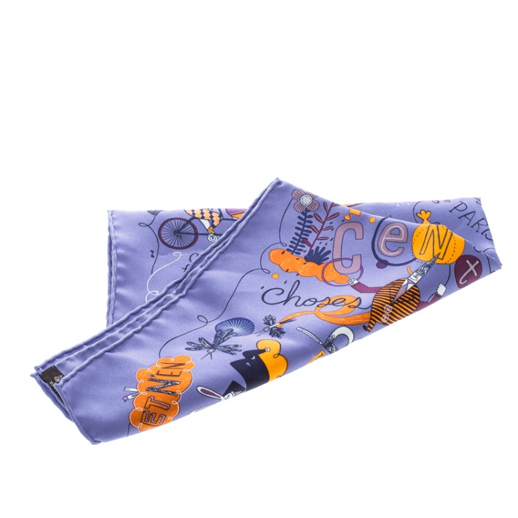 Pre Owned Hermes Blue Les Confessions Printed Silk Pocket Square