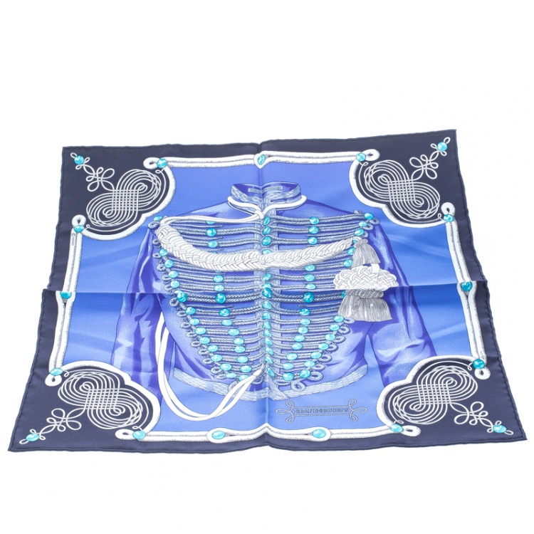 Pre Owned Hermes Blue Brandebourgs Military Printed Silk Pocket Square