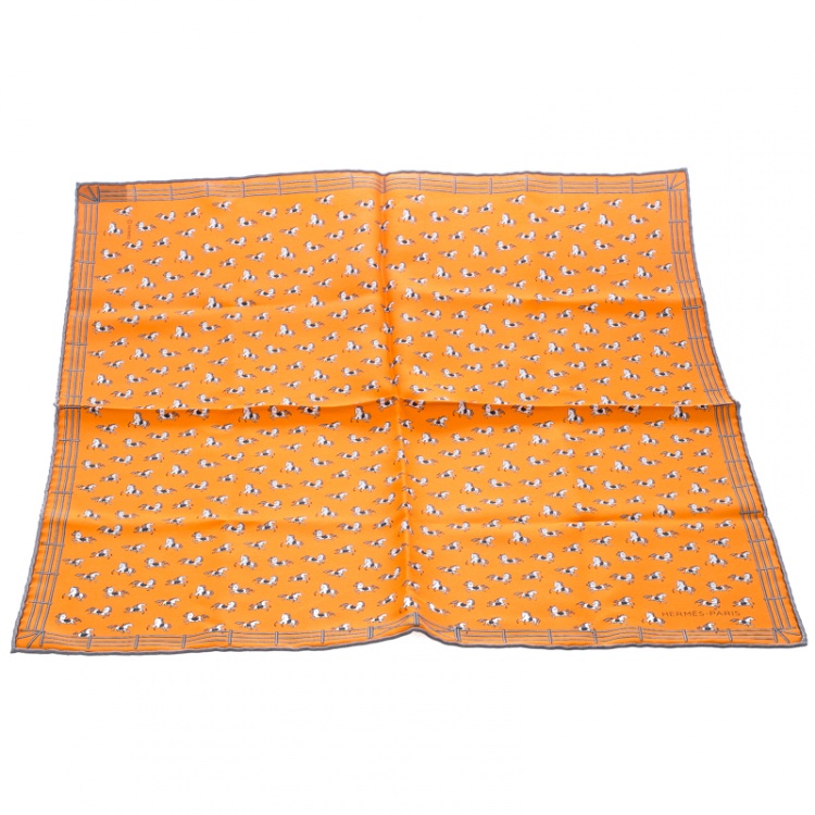 Pre Owned Hermes Orange Equestrian Fence Printed Silk Pocket Square
