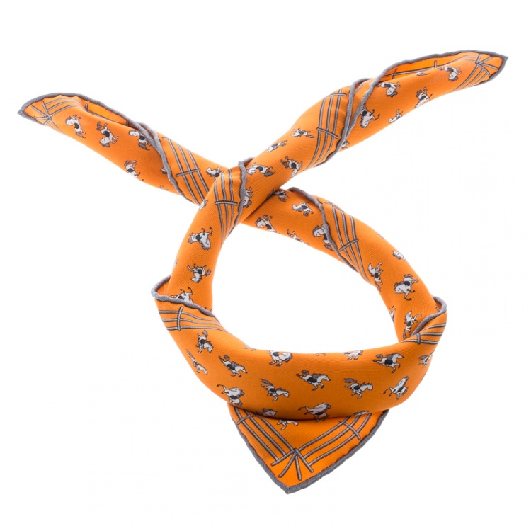 Pre Owned Hermes Orange Equestrian Fence Printed Silk Pocket Square