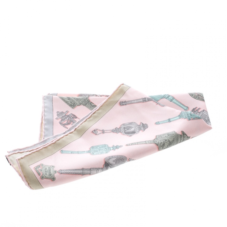 Pre Owned Hermes Rose Pink Merveilleuses Lanternes Printed Silk Pocket Square