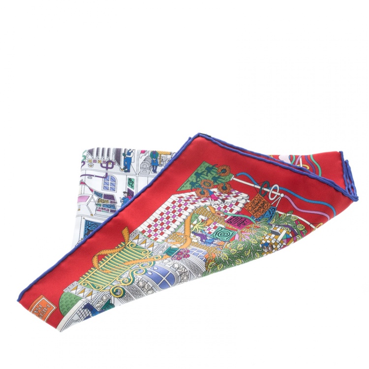 Pre Owned Hermes La Maison Des Carres Red Printed Silk Pocket Square