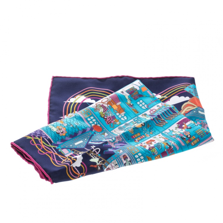 Pre Owned Hermes Navy Blue La Maison Des Carres Printed Silk Pocket Square