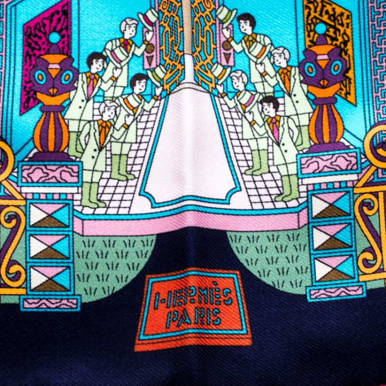 Pre Owned Hermes Navy Blue La Maison Des Carres Printed Silk Pocket Square