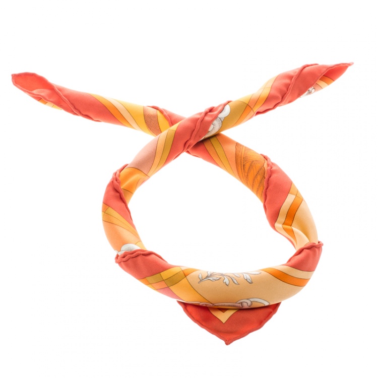 Pre Owned Hermes Della Cavalleria Orange Printed Silk Pocket Square