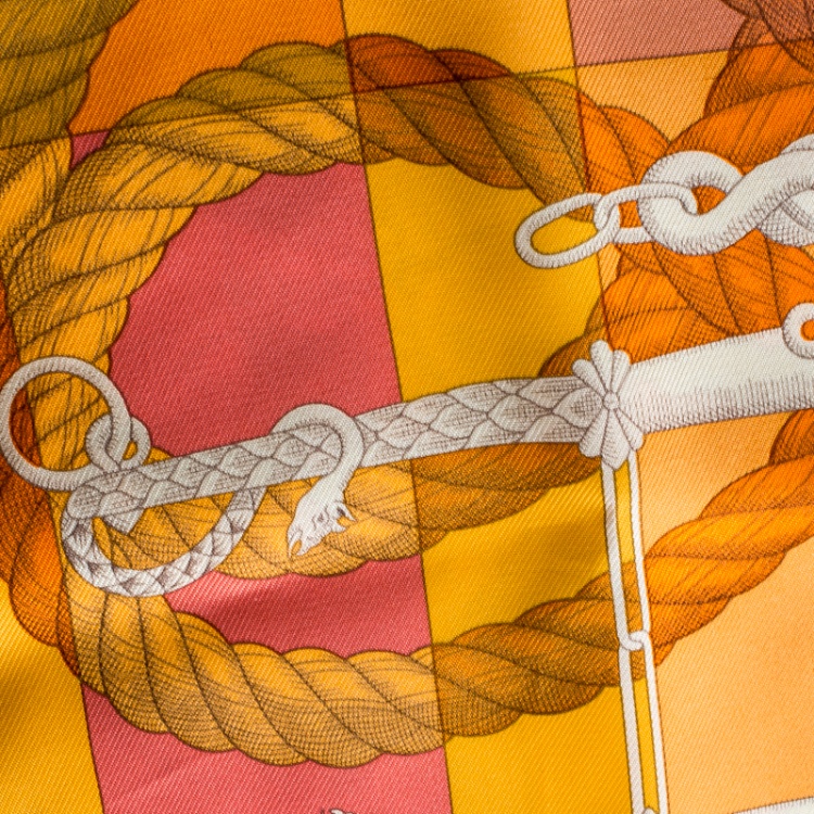Pre Owned Hermes Della Cavalleria Orange Printed Silk Pocket Square