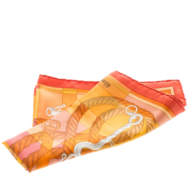 Pre Owned Hermes Della Cavalleria Orange Printed Silk Pocket Square
