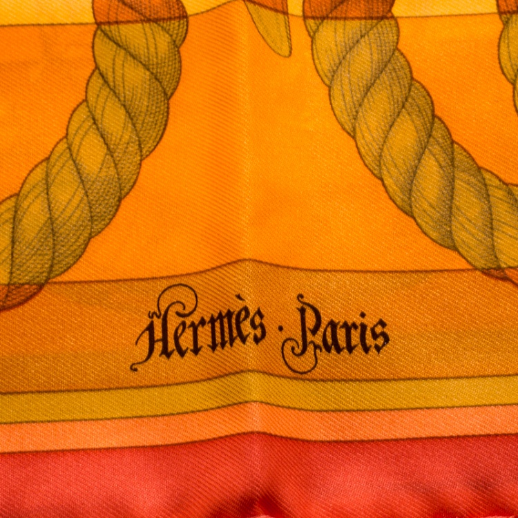 Pre Owned Hermes Della Cavalleria Orange Printed Silk Pocket Square