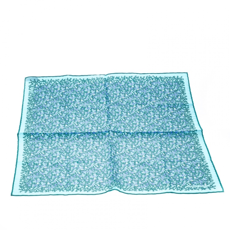 مملوكة مسبقًا Hermes Blue and Green Floral Printed Silk Pocket Square