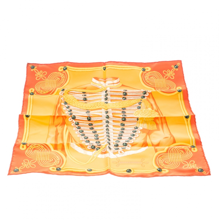 Pre Owned Hermes Orange Brandebourgs Military Printed Silk Pocket Square