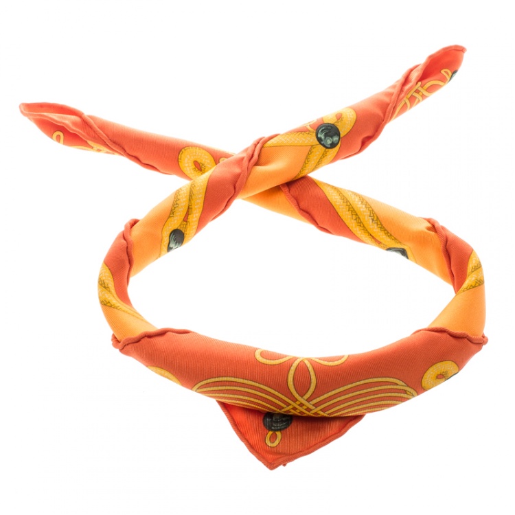 Pre Owned Hermes Orange Brandebourgs Military Printed Silk Pocket Square