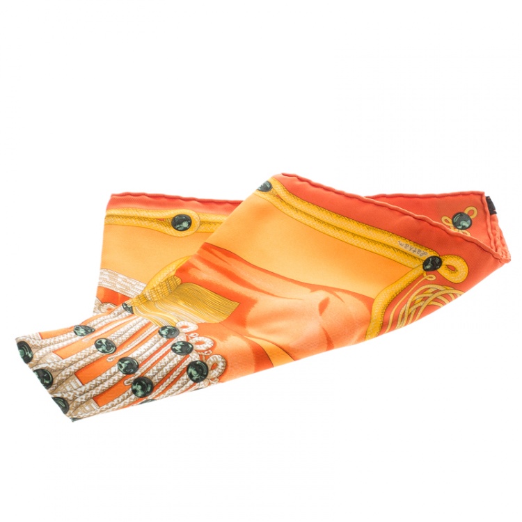 Pre Owned Hermes Orange Brandebourgs Military Printed Silk Pocket Square