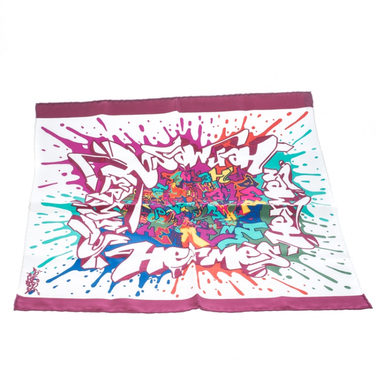Pre Owned Hermes Multicolor Kongo Graffiti Printed Silk Pocket Square