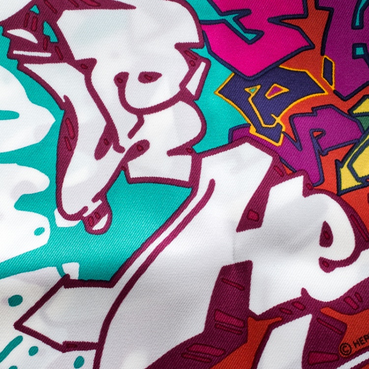 Pre Owned Hermes Multicolor Kongo Graffiti Printed Silk Pocket Square