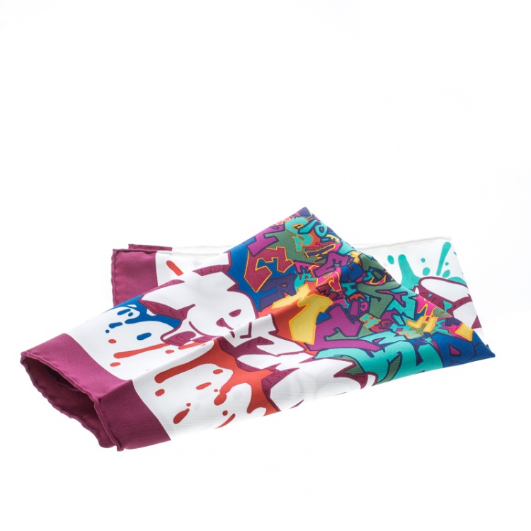 Pre Owned Hermes Multicolor Kongo Graffiti Printed Silk Pocket Square