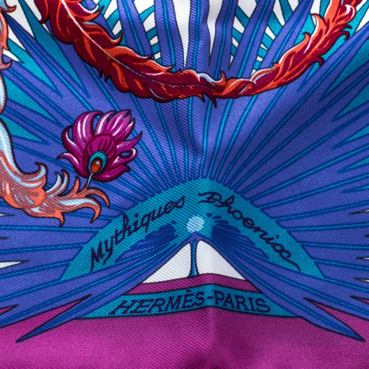 Pre Owned Hermes Multicolor Mythiques Phoenix Printed Silk Pocket Square