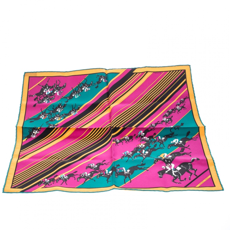 Pre Owned Hermes Multicolor Striped Equestrian Horse Race Print Silk Pocket Square