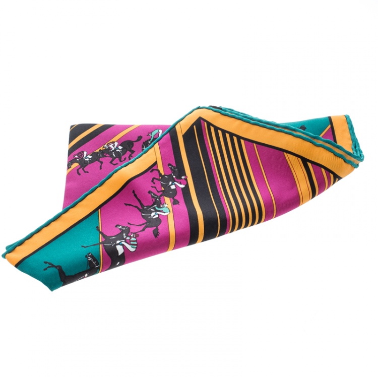 Pre Owned Hermes Multicolor Striped Equestrian Horse Race Print Silk Pocket Square