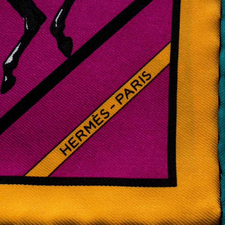 Pre Owned Hermes Multicolor Striped Equestrian Horse Race Print Silk Pocket Square