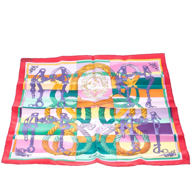 Pre Owned Hermes Multicolor Della Cavalleria Printed Silk Pocket Square