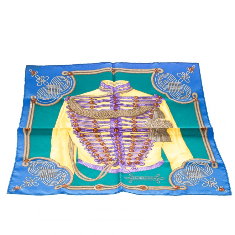 Pre Owned Hermes Multicolor Brandebourgs Military Printed Silk Pocket Square