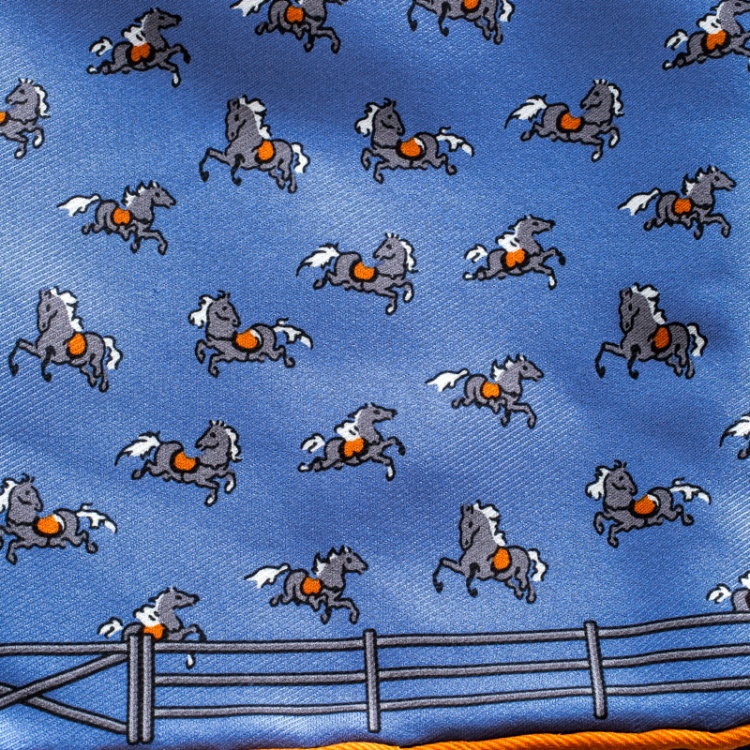 Pre Owned Hermes Blue Equestrian Fence Printed Silk Pocket Square