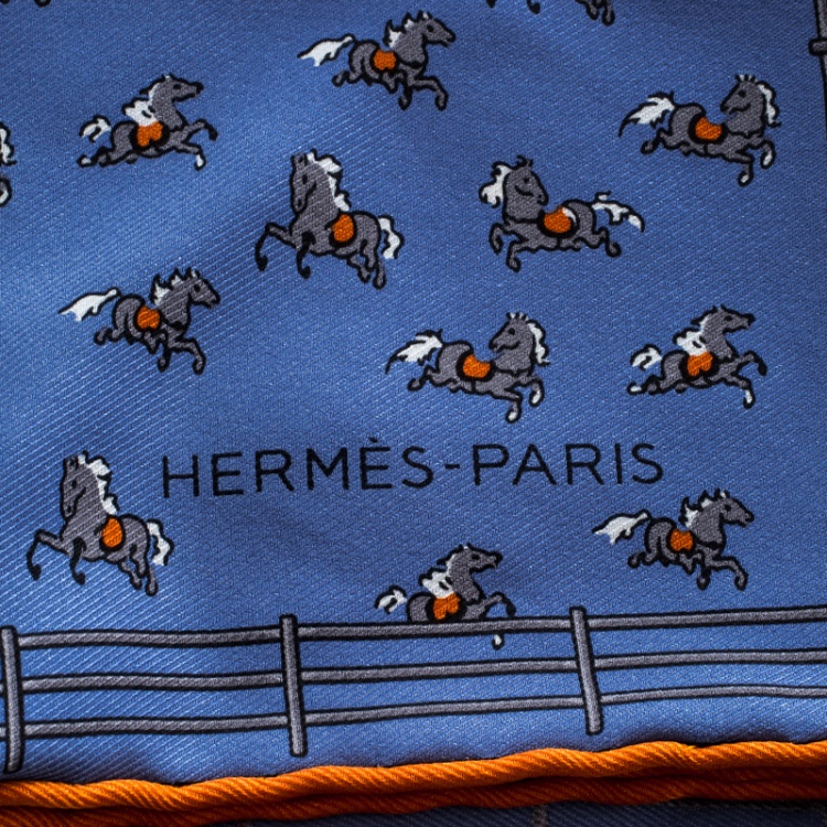 Pre Owned Hermes Blue Equestrian Fence Printed Silk Pocket Square