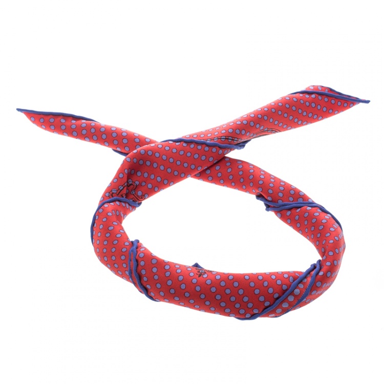 Pre Owned Hermes Red and Blue Mors De Selle Printed Polka Dotted Silk Pocket Square
