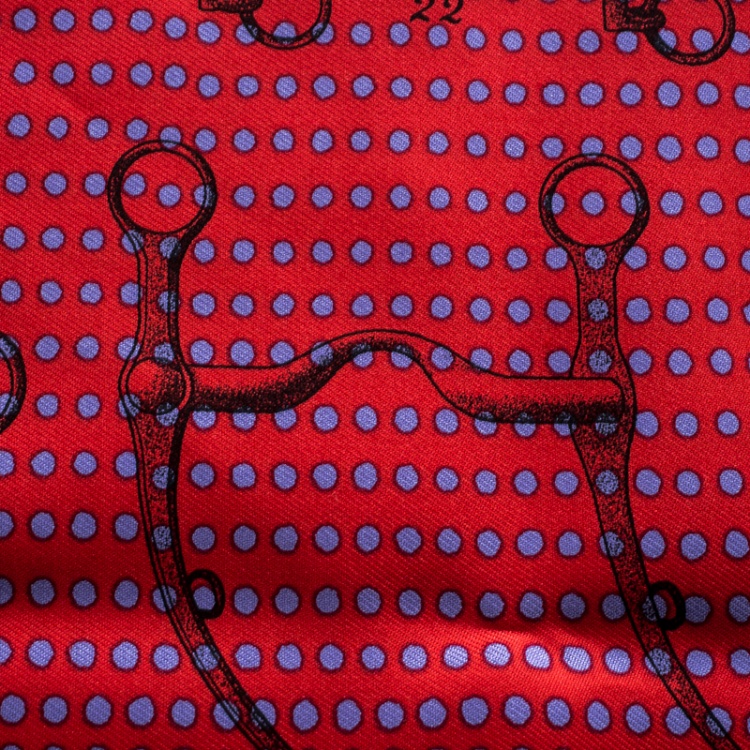 Pre Owned Hermes Red and Blue Mors De Selle Printed Polka Dotted Silk Pocket Square