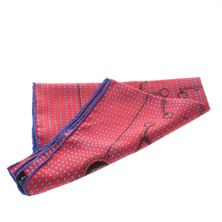 Pre Owned Hermes Red and Blue Mors De Selle Printed Polka Dotted Silk Pocket Square