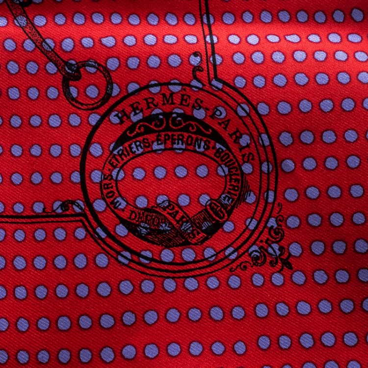 Pre Owned Hermes Red and Blue Mors De Selle Printed Polka Dotted Silk Pocket Square