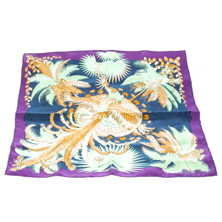 Pre Owned Hermes Multicolor Mythiques Phoenix Printed Silk Pocket Square
