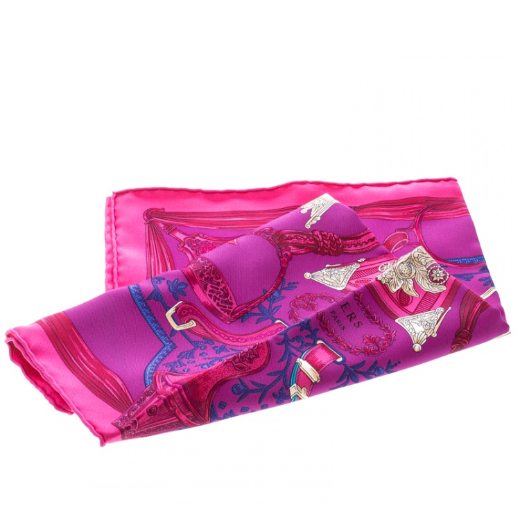 Pre Owned Hermes Pink Etriers Printed Silk Pocket Square