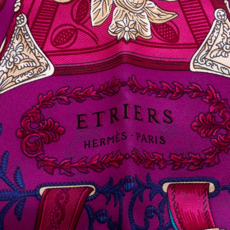 Pre Owned Hermes Pink Etriers Printed Silk Pocket Square