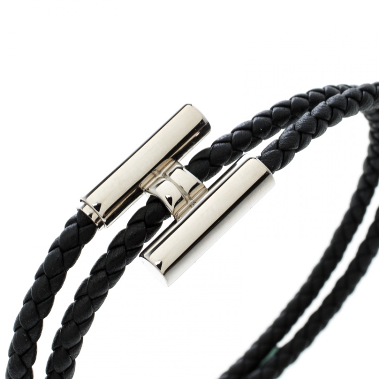 Pre Owned Hermes Tournis Tresse Black Leather Palladium Plated Bracelet