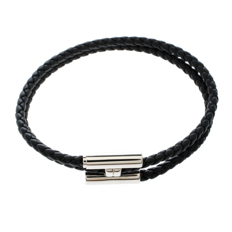 Pre Owned Hermes Tournis Tresse Black Leather Palladium Plated Bracelet