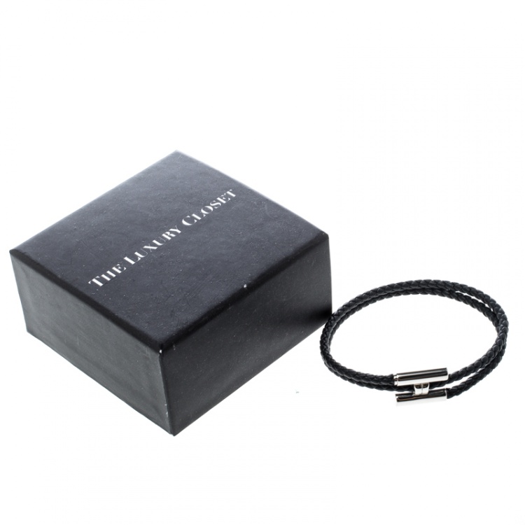 Pre Owned Hermes Tournis Tresse Black Leather Palladium Plated Bracelet